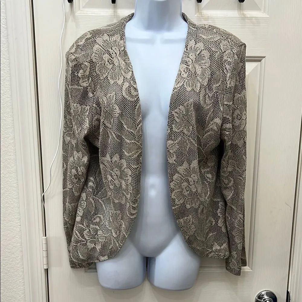 SL Fashion Elegant Floral Lace Women's Jacket Sz 10 Lomg Sleeve Open Front Gray